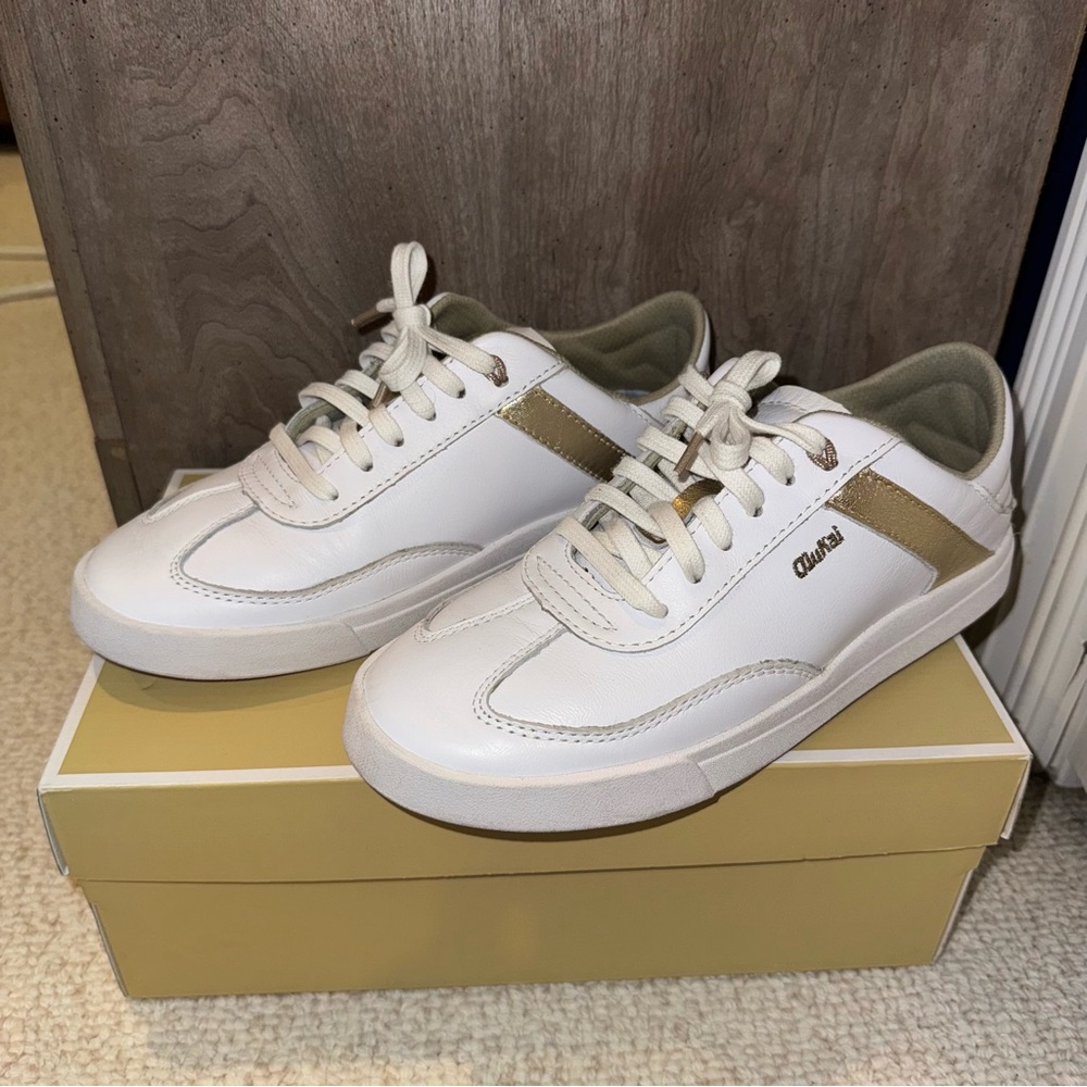 Olukai White and Gold Sneakers